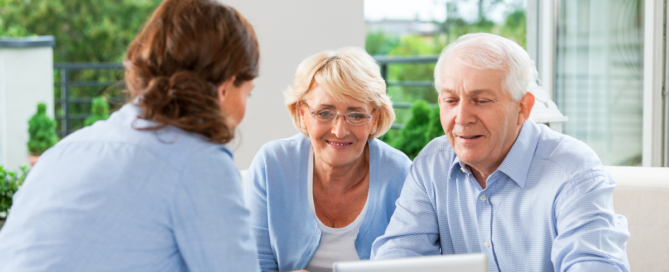 An elderly couple discusses caregiving options with their daughter.