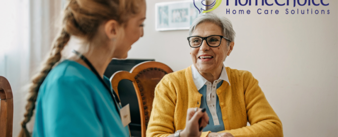 A senior woman enjoys the benefits of private duty care as her caregiver checks in on her.