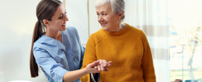 Professional caregivers, like this one who is helping a senior client walk, require a number of qualities and skills to provide compassionate personal care.