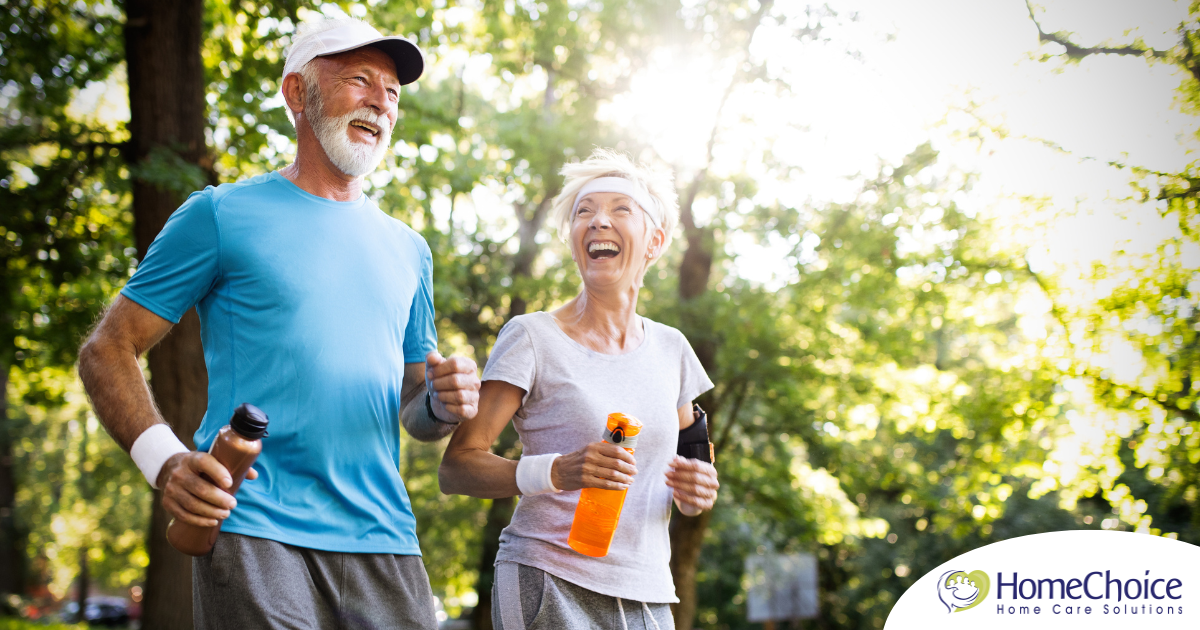 A senior couple enjoys walking outdoors, one of many activities for seniors that can help them stay healthy.