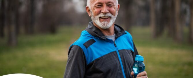 An older man smiles with a water bottle while exercising, representing the benefits of encouraging exercise when caring for seniors at home.