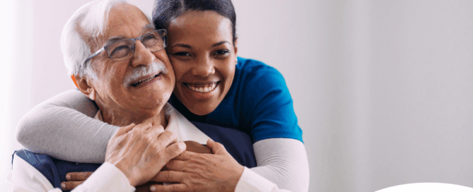 a graphic showing What a Week of Elder Care at Home Really Looks Like with a smiling caregiver and client