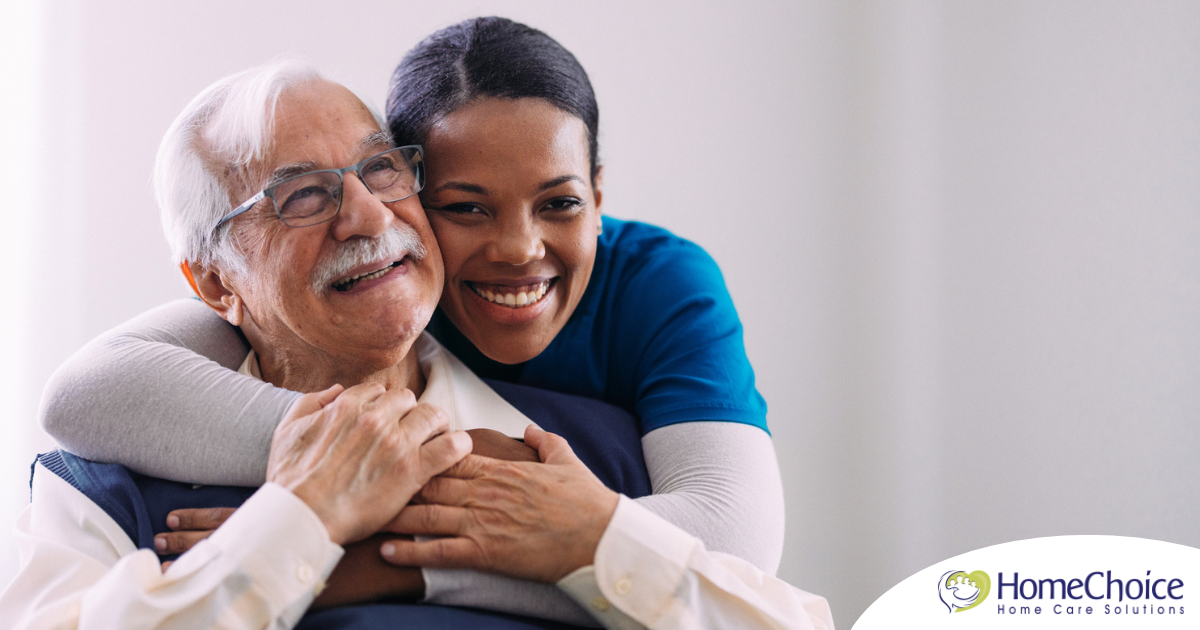 a graphic showing What a Week of Elder Care at Home Really Looks Like with a smiling caregiver and client