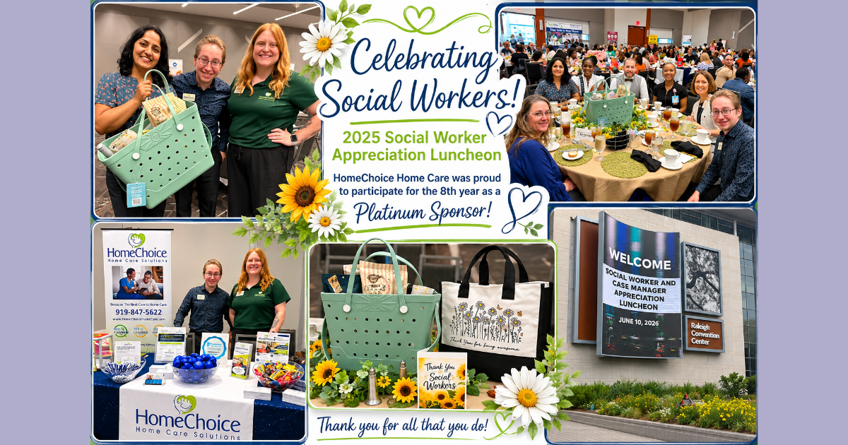 HomeChoice Home Care team members and social workers at the 2025 Social Worker Appreciation Luncheon in Raleigh, NC, featuring a Garden Party-themed table, appreciation gifts, and community networking.