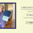 Graphic recognizing Claire M. as HomeChoice Home Care Solutions' July Caregiver of the Month. Claire is smiling while holding her Caregiver of the Month certificate and a bouquet of flowers in a client's home. The graphic features the HomeChoice logo and the text, "Caregiver of the Month – Proudly presented to Claire M. for being an amazing member of our team!" in the company's signature blue and green brand colors, celebrating her compassion, dedication, and commitment to providing exceptional in-home care.