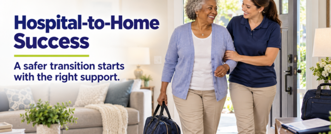 Older woman arriving home with support from a caregiver. Text reads: “Hospital-to-Home Success—A safer transition starts with the right support.”