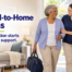 Older woman arriving home with support from a caregiver. Text reads: “Hospital-to-Home Success—A safer transition starts with the right support.”