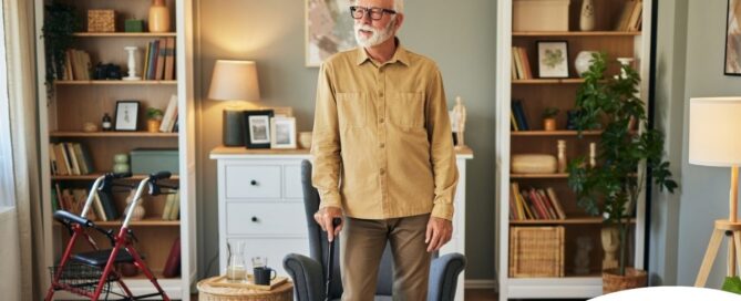 Exploring fall prevention for seniors — an elderly man stands in a safely arranged room.