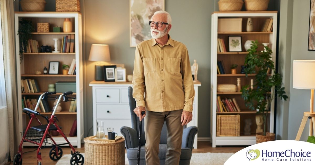 Exploring fall prevention for seniors — an elderly man stands in a safely arranged room.