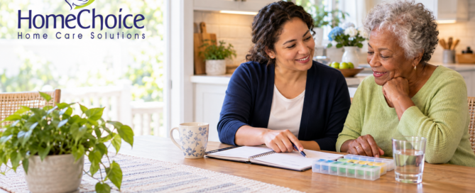 HomeChoice caregiver reviewing a daily medication routine with an older woman beside a pill organizer and glass of water at home.