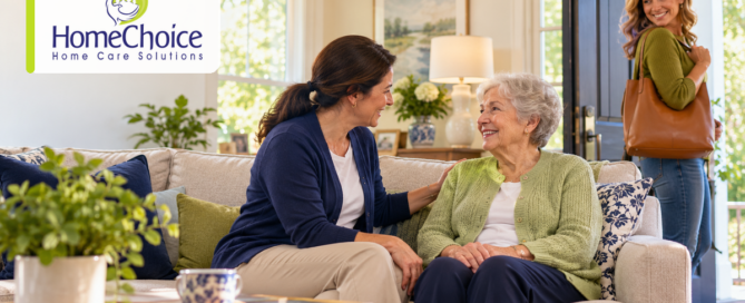 An older woman smiles while talking with a respite caregiver as her adult daughter leaves the home feeling reassured.