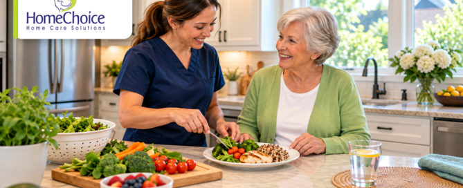HomeChoice caregiver in navy scrubs and an older woman smiling while preparing a balanced meal with fresh vegetables, fruit and water in a bright home kitchen.