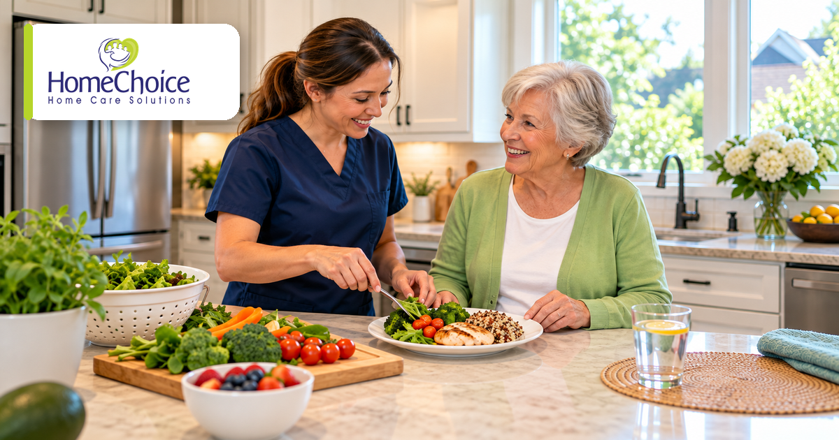 HomeChoice caregiver in navy scrubs and an older woman smiling while preparing a balanced meal with fresh vegetables, fruit and water in a bright home kitchen.