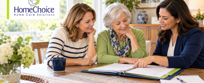 An older woman and her adult daughter review long term care insurance paperwork with a HomeChoice care professional at a table in their home.